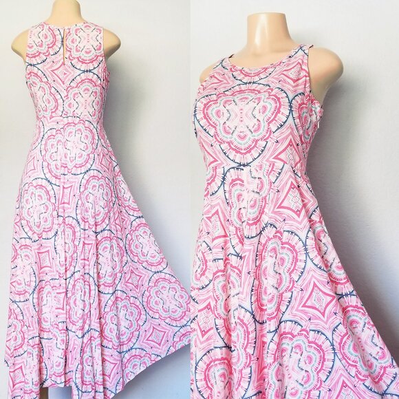 SUNDANCE Sleeveless Midi Dress 2 Powder Pink Blue Boho Print Sharkbite Hem Soft - Picture 5 of 11